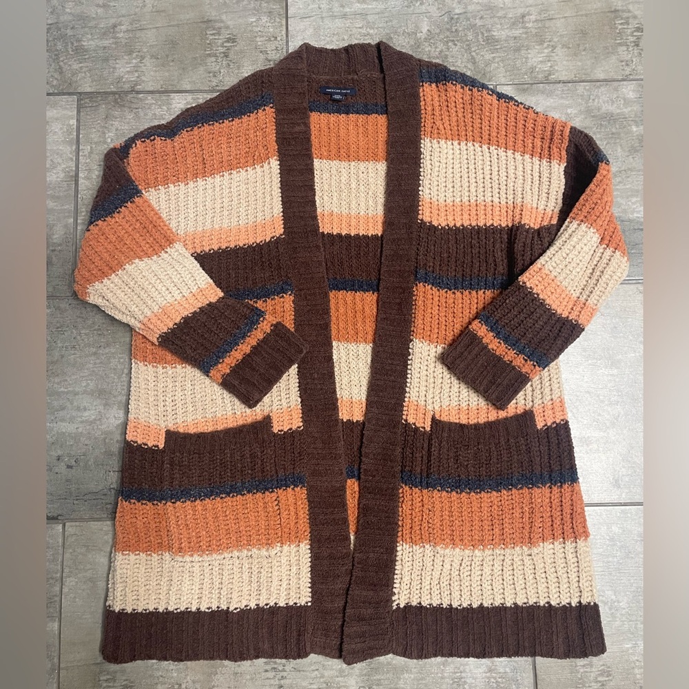 American Eagle Striped Brown and Orange Sweater Cardigan